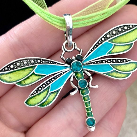 Spring Multicolor Dragonfly Rhinestone Pendant Organza Cord Adjustable Necklace - Picture 9 of 15